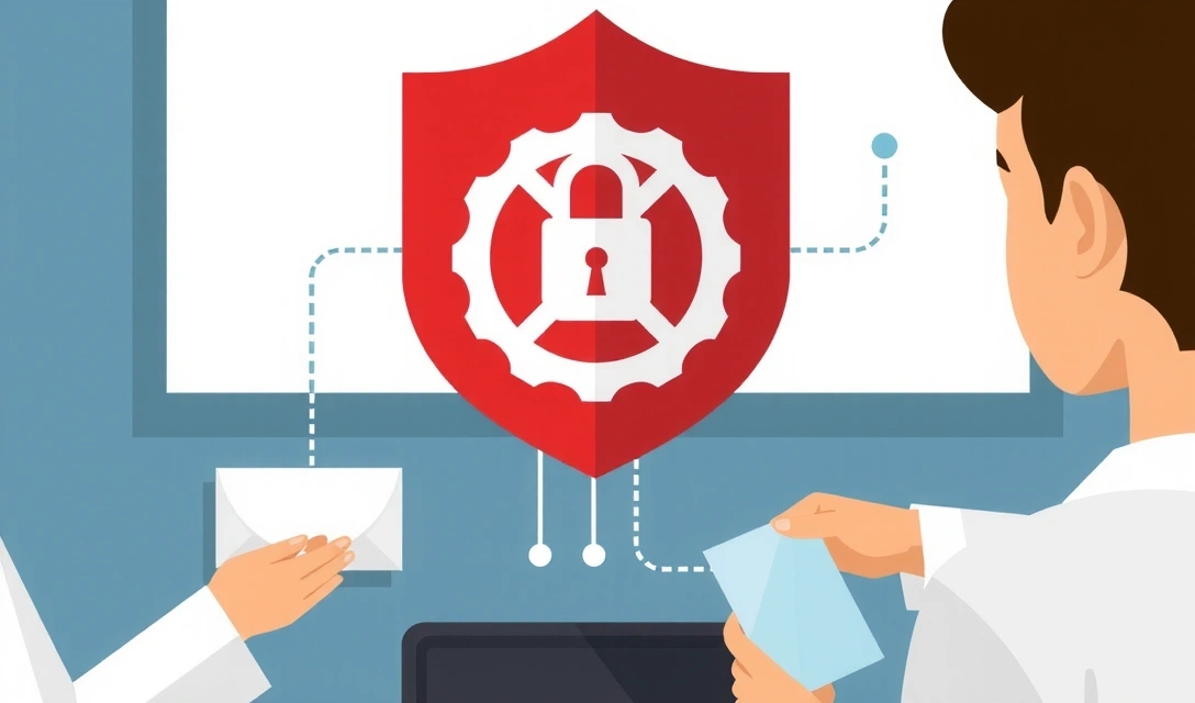 Ilustracja symbolizująca bezpieczne połączenie, tarczę ochronną i szyfrowanie danych.